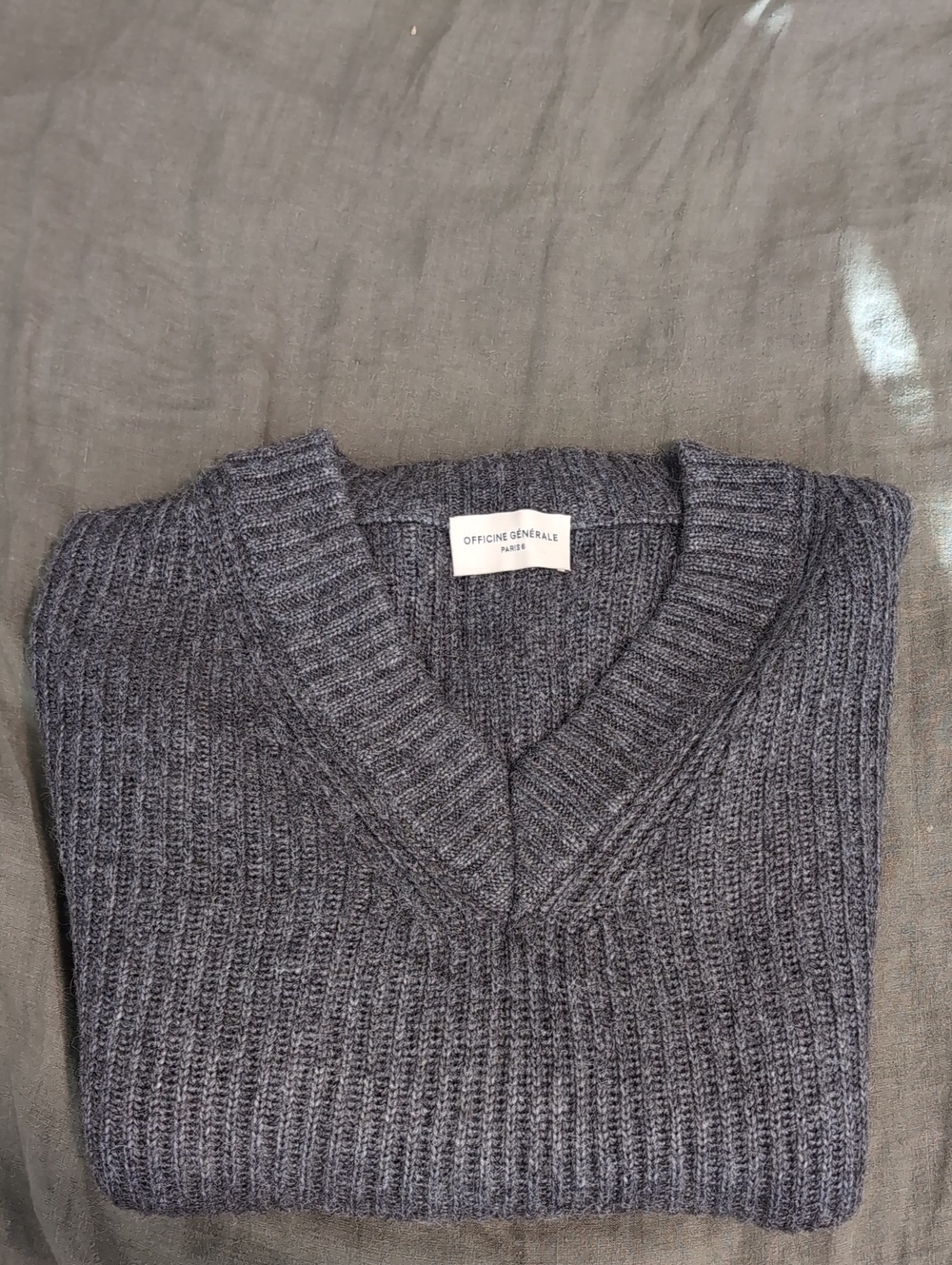 Officine Generale Men's V-Neck Rib Knit Sweater — Charcoal Gray